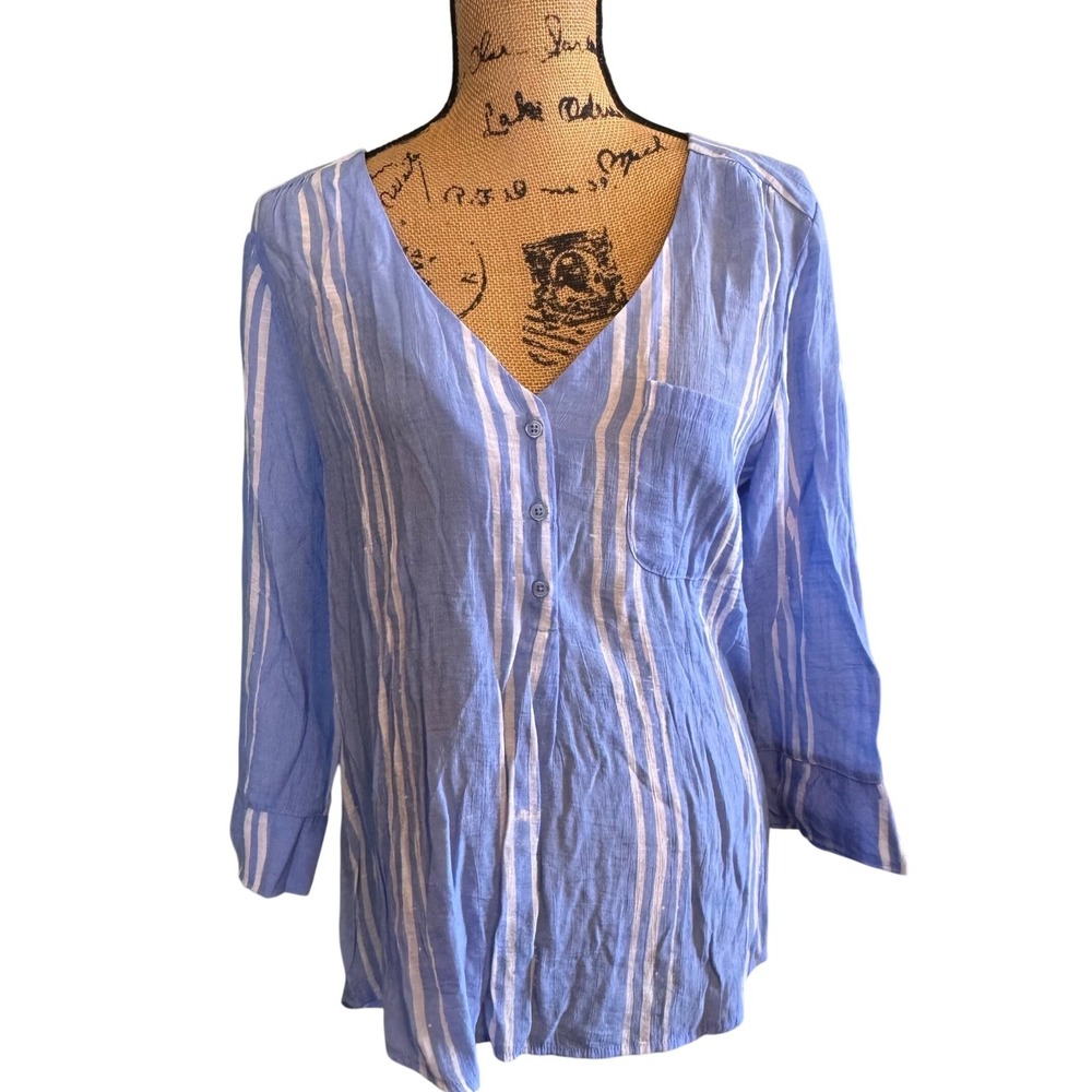 Fred David Women Casual Beach Button Up Preppy Striped Blouse Top Blue Large